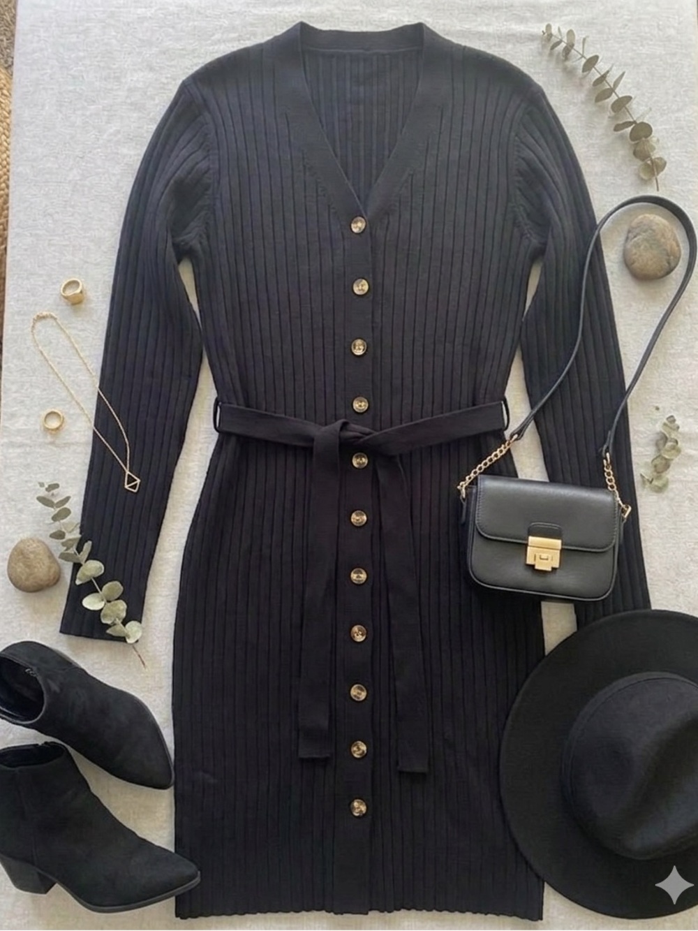 Lark + Grey Black Ribbed Button-Up Long Sleeve Sweater Dress Size M